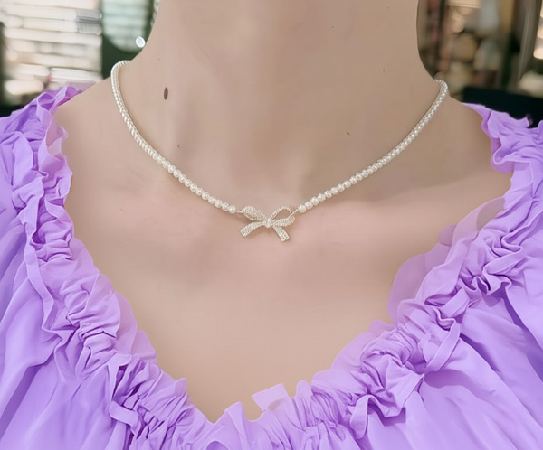 PQT-992 - Bow Shape Pearl Pendant Necklace for Women – Dainty Jewelry with Sparkling Bow Design | Available in Silver & Golden Finish | Perfect Gift for Weddings, Parties & Everyday Glamour